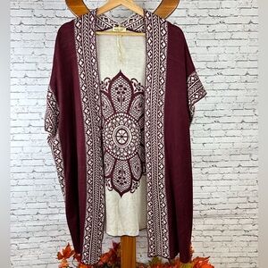 ONE WORLD | Burgundy and Cream Patterned Sleeveless Cardigan Size XL